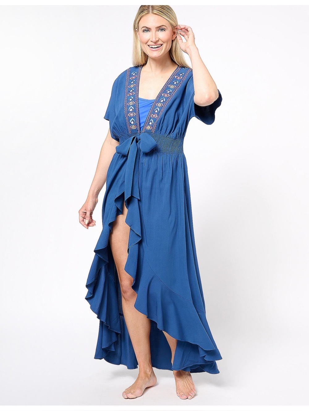 NWT America & Beyond Embroidered Tie Waist Caftan Sundress Dress - Navy - Sz L